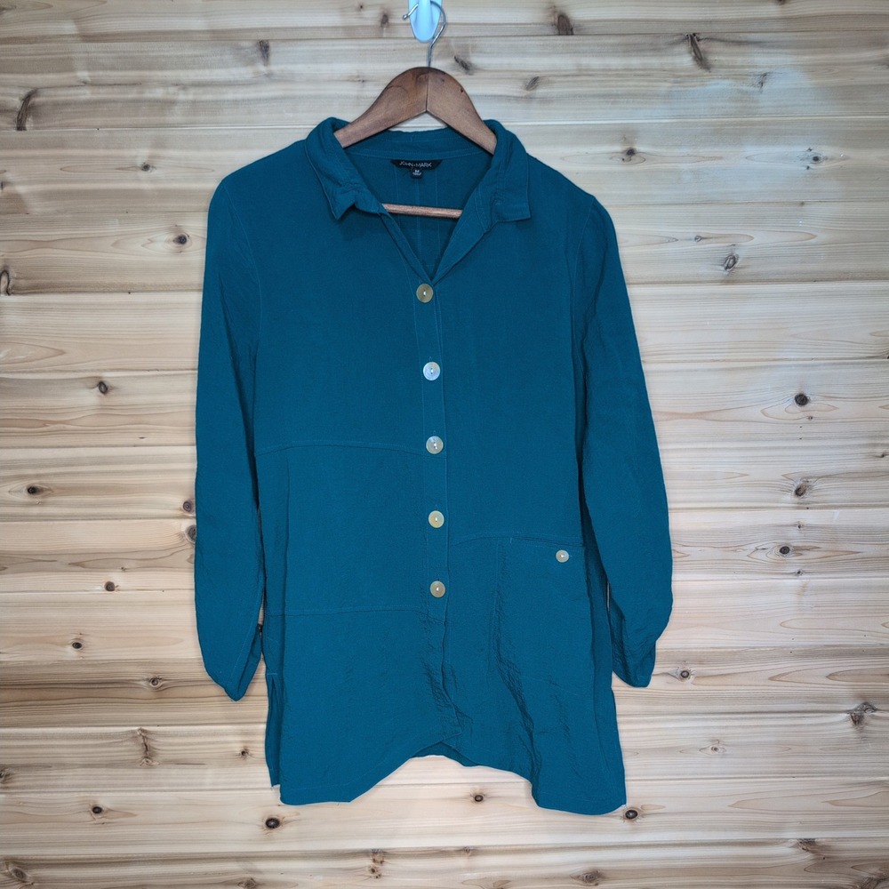 John Mark Teal Blue Button Down Tunic Roll Tab Sleeve Rayon‎ Blend Top Medium